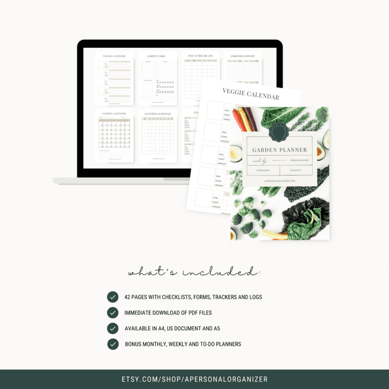 Image of a Garden Planner advertisement showcasing a laptop displaying planner pages, along with printed veggie calendar and garden planner featuring vibrant vegetable images. Text highlights contents: 42 pages filled with checklists, forms, trackers, and more to enhance your gardening success.