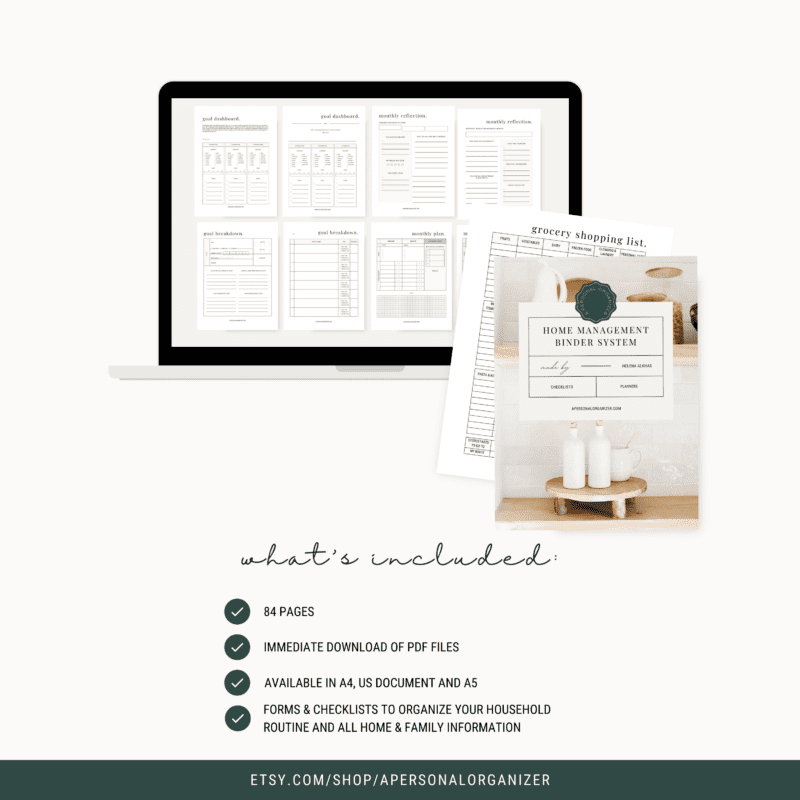 A digital image displaying a "Home Management Binder System" with a laptop showing document previews. Includes grocery shopping list and various forms. Features a description highlighting 84 pages and download options.