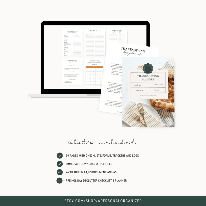 Get organized for the holiday with our Thanksgiving Planner! The ad showcases a laptop previewing planner pages, alongside a printed version. Enjoy 39 pages of planning, available as an instant PDF download in various sizes. Find the perfect recipe and more via our shop link below.