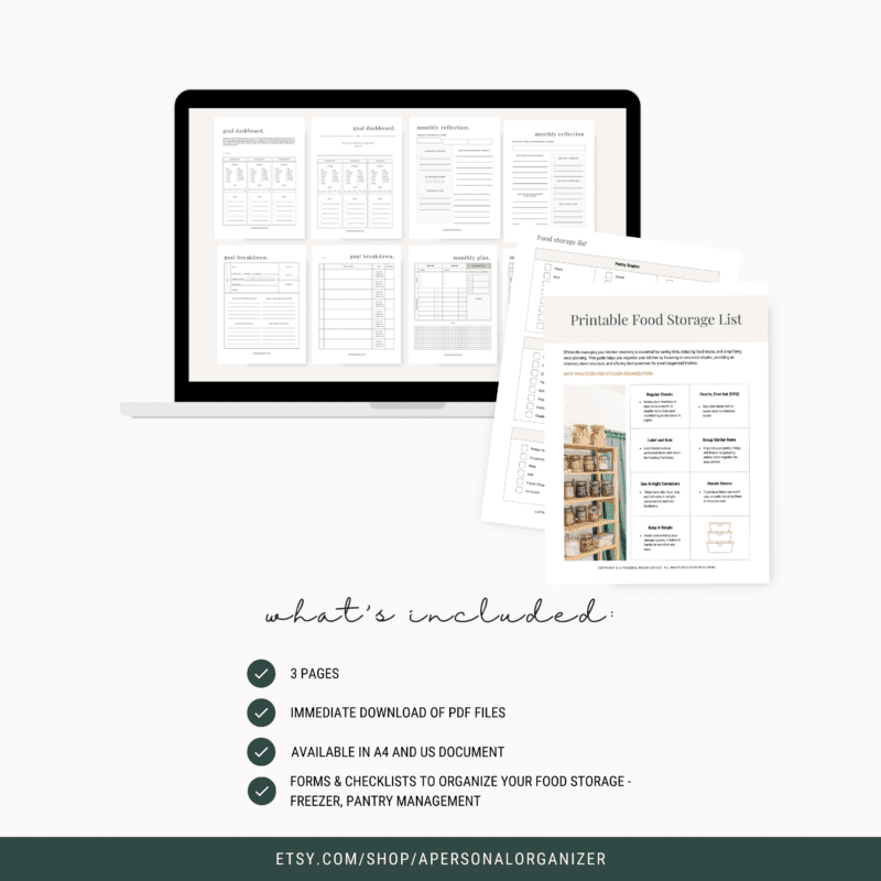 Image depicts a laptop screen and printed pages displaying a food storage organization template. Text below reads: "what's included: 3 pages, immediate download of PDF files, available in A4 and US document, forms & checklists to organize your food storage.