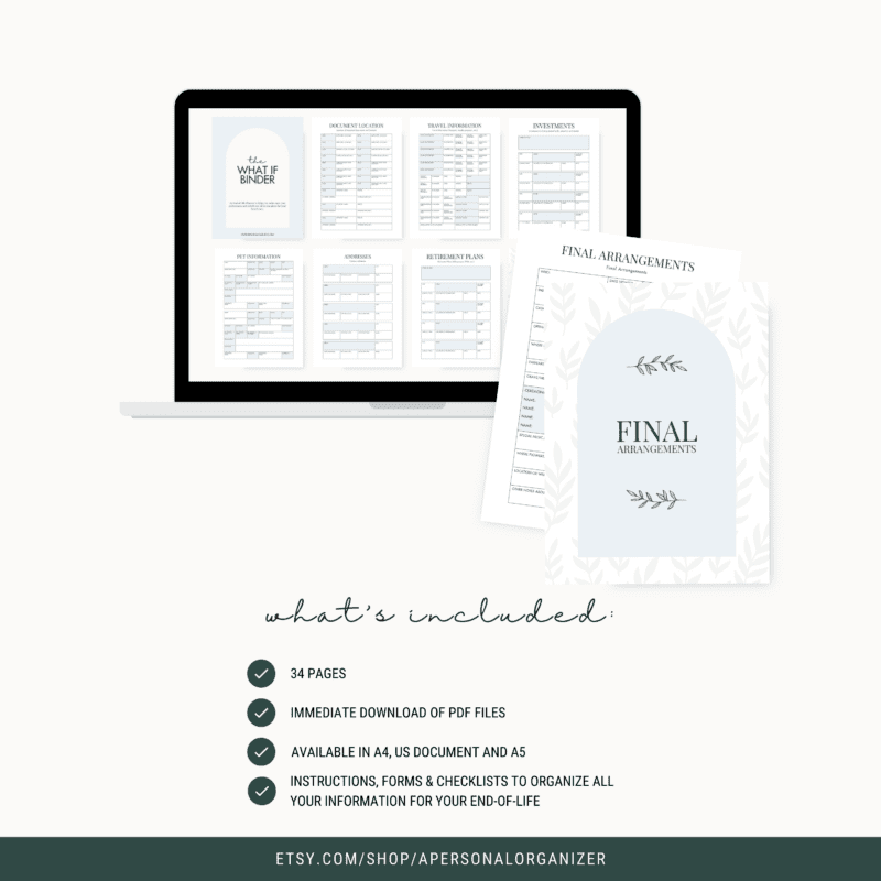 Image of a laptop displaying a document with various forms and checklists titled "Final Arrangements." The features listed include 34 pages, PDF downloads, and instructions. Text at bottom mentions availability on Etsy at APersonalOrganizer.