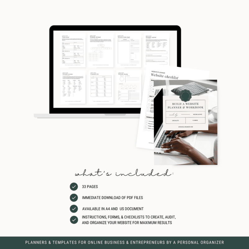 A laptop showcasing various planner templates sits behind a printed cover titled "Build a Website Planner & Workbook." The text highlights features: 33 pages, PDF download, A4 and US formats, instructions, forms, checklists—and SEO tips for creating your own stellar website.