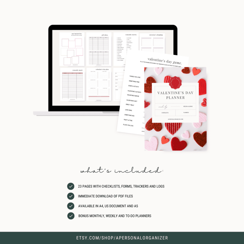 An open laptop displaying planner pages sits beside printed Valentine's Day planner sheets adorned with red and pink hearts. Text reads: 23 pages of printables, including checklists, forms, trackers, and logs. Available as PDF and A4. Shop link at the bottom.