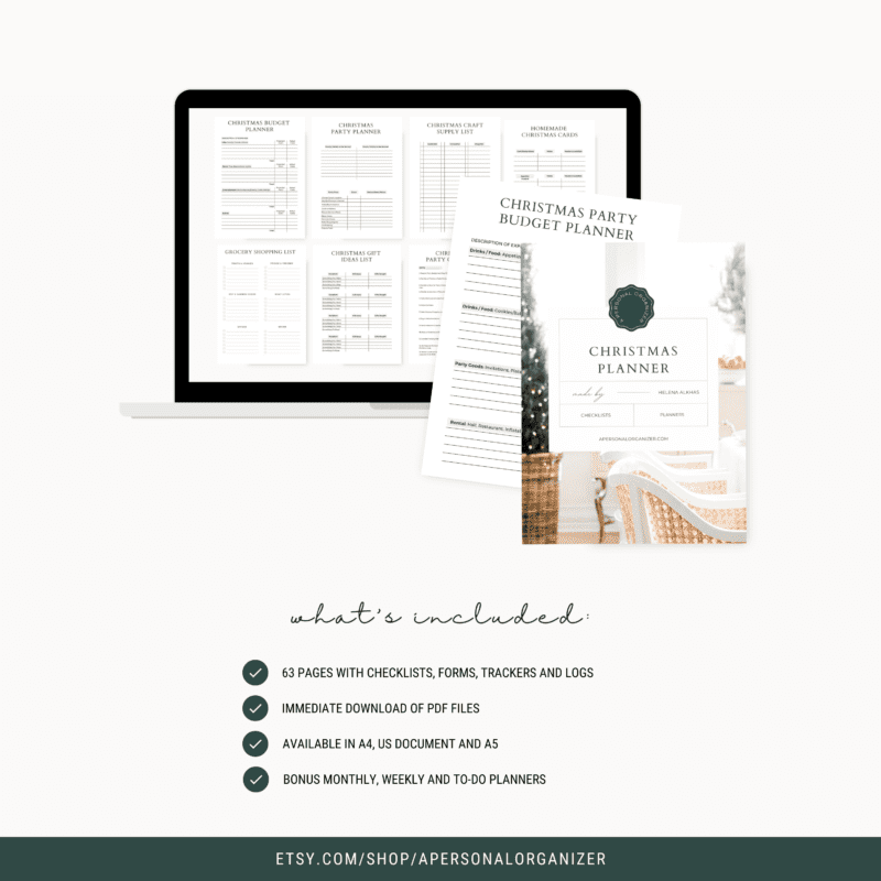 Get organized this holiday with our Christmas planner, available for download on your laptop or in printed form. Featuring 63 pages of festive checklists, forms, and logs in A4 and US formats. Discover more by visiting our Etsy shop today!.