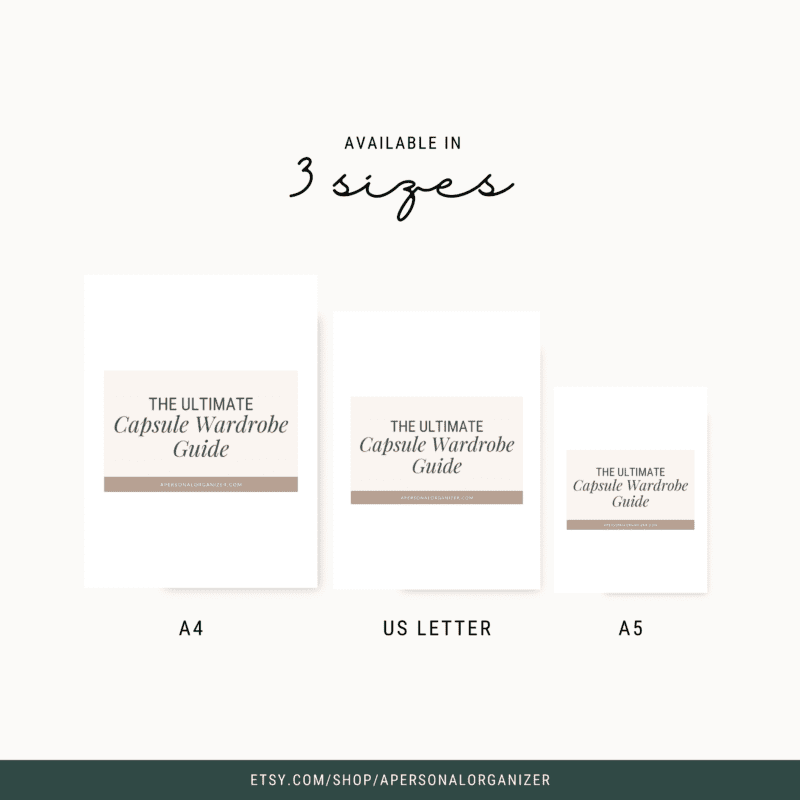 Three white cards labeled "The Ultimate Capsule Wardrobe Guide" in varying sizes: A4, US Letter, and A5. Text above reads "Available in 3 sizes," and a URL is displayed at the bottom. Cards are arranged from largest to smallest.