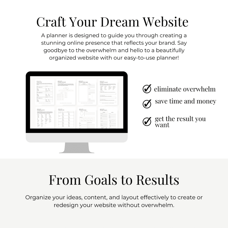 A promotional image featuring a computer screen displaying planning documents. The text reads: "Craft Your Dream Website" with benefits listed: "eliminate overwhelm, save time and money, get the result you want." Bottom text: "From Goals to Results.