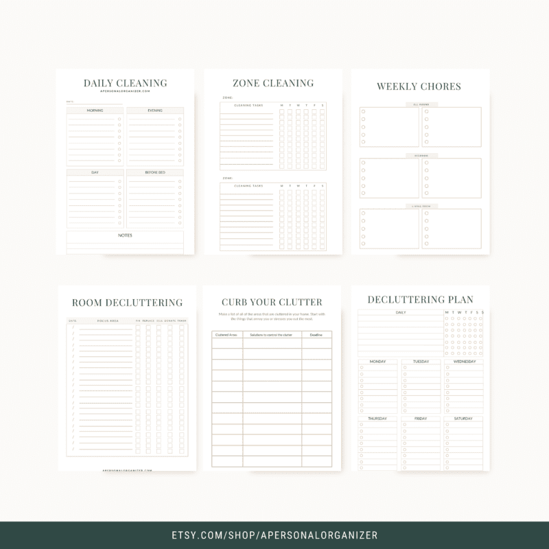 Image showing six different organization templates, including a comprehensive Cleaning Planner for daily and zone cleaning, weekly chores, room decluttering, curb your clutter, and a decluttering plan. These templates are crafted for structured home organization tasks.