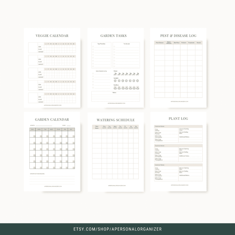 Image showcasing six Garden Planner printables: veggie calendar, garden tasks, pest & disease log, garden calendar, watering schedule, and plant log. Each serves as essential garden planning tools with organized tables and lists for effective gardening management.