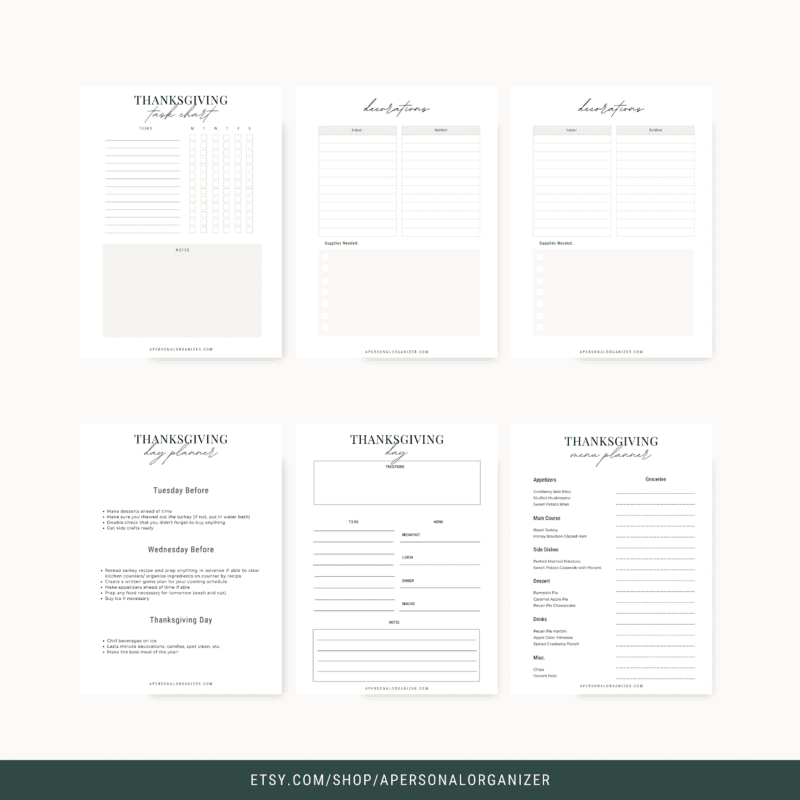 Image of a Thanksgiving planner with six pages, including a meal preparation checklist, shopping list, notes, to-dos, schedule, and menu planner. Pages feature a minimalist design with sections for tasks and items. Website link at the bottom.