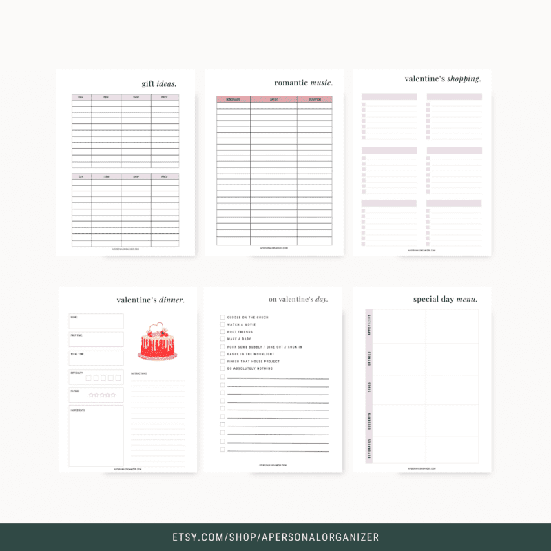 Six printable planners with headings: Gift Ideas, Romantic Music, Valentine's Shopping, Valentine's Dinner, On Valentine's Day, and Special Day Menu. Each offers sections for organizing tasks or lists to make your Valentines effortlessly special.