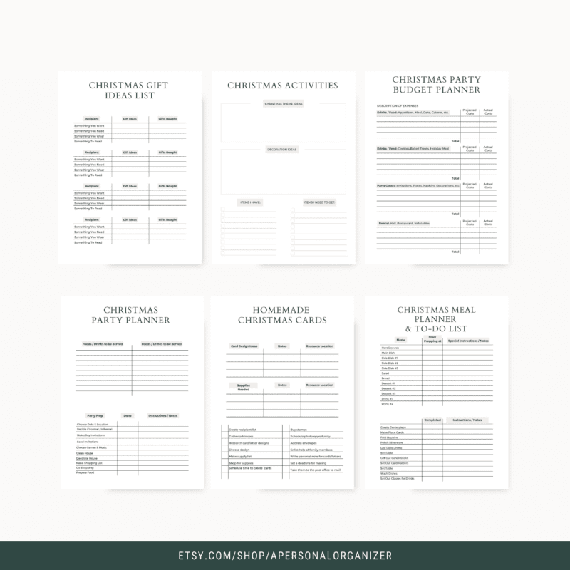 Six printable templates for organizing Christmas are available: Gift Ideas List, Christmas Activities, Christmas Party Budget Planner, Party Planner, Homemade Christmas Cards, and Meal Planner & To-Do List. Your ultimate Christmas planner is here! Find them at etsy.com/shop/apersonalorganizer.