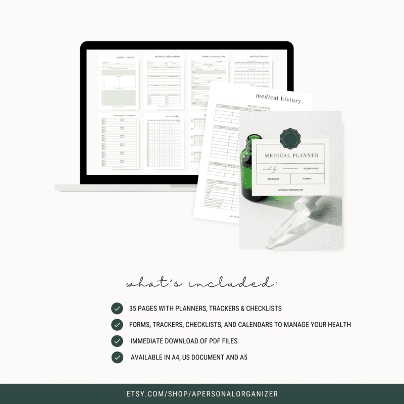 Digital medical health planner promotion showcasing a laptop screen and printed pages with forms, trackers, and checklists. Includes a mock-up of the planner cover with a dropper bottle image. Text highlights 35 pages, downloadable PDF, available in A4 and A5 sizes.