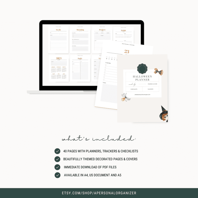 A laptop showcasing planner pages is paired with printed sheets titled "Halloween Planner," adorned with festive elements like a witch hat. This Halloween-themed set includes planners, trackers, and checklists. Explore more at etsy.com/shop/APersonalOrganizer.