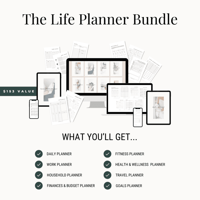 Image of 'The Life Planner Bundle' featuring digital planners on screens and printed pages. A $153 value, it includes Life Planner essentials: daily, work, household, finances & budget, fitness, health & wellness, travel, and goals planners.