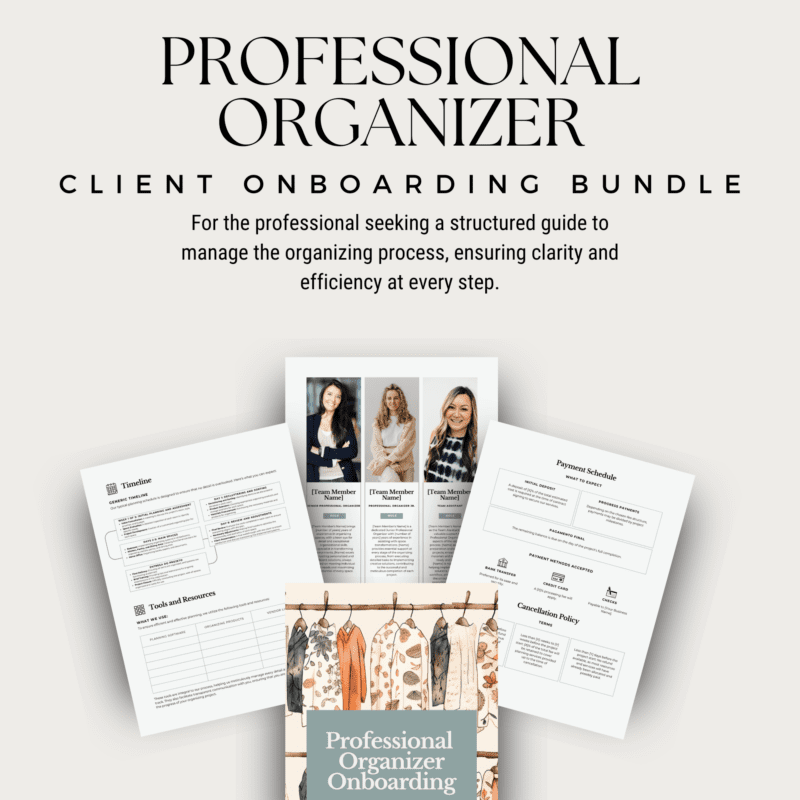 Professional Organizer Client Onboarding Bundle image with text. Features templates and forms, including a timeline, welcome letter, process schedule, tools and resources, and consultation packet. Enjoy a cover image showcasing organized paper clips to inspire your own organizing journey.