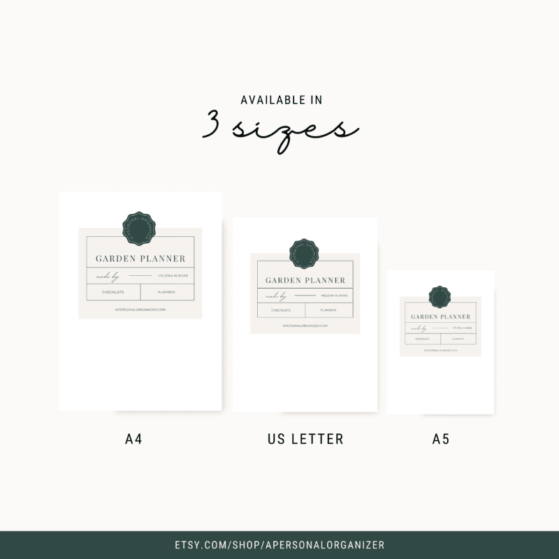 Image showing three sizes of a Garden Planner: A4, US Letter, and A5, with a simple, elegant design. Text at the top reads "Available in 3 sizes." A website link at the bottom directs to an Etsy shop.