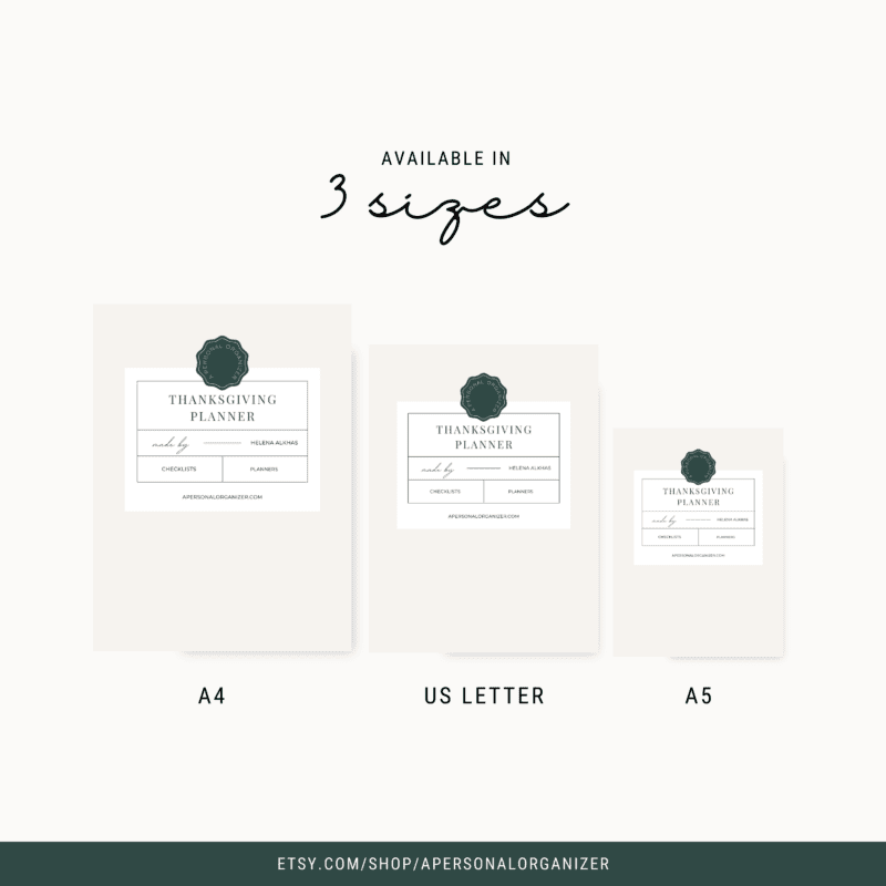 A minimalist Thanksgiving planner template in three sizes: A4, US Letter, and A5. Each features a green Thanksgiving seal with "Thanksgiving Planner" below it. Visit etsy.com/shop/apersonalorganizer to plan your holiday seamlessly.