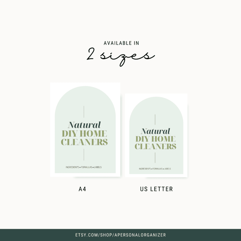 Two minimalist posters advertising "Natural DIY Home Cleaners" in A4 and US Letter sizes. The white background features a light green arch design, highlighting "Ingredients," "Formulas," and "Labels." Discover cleaning recipes with a natural twist. Website link at the bottom.