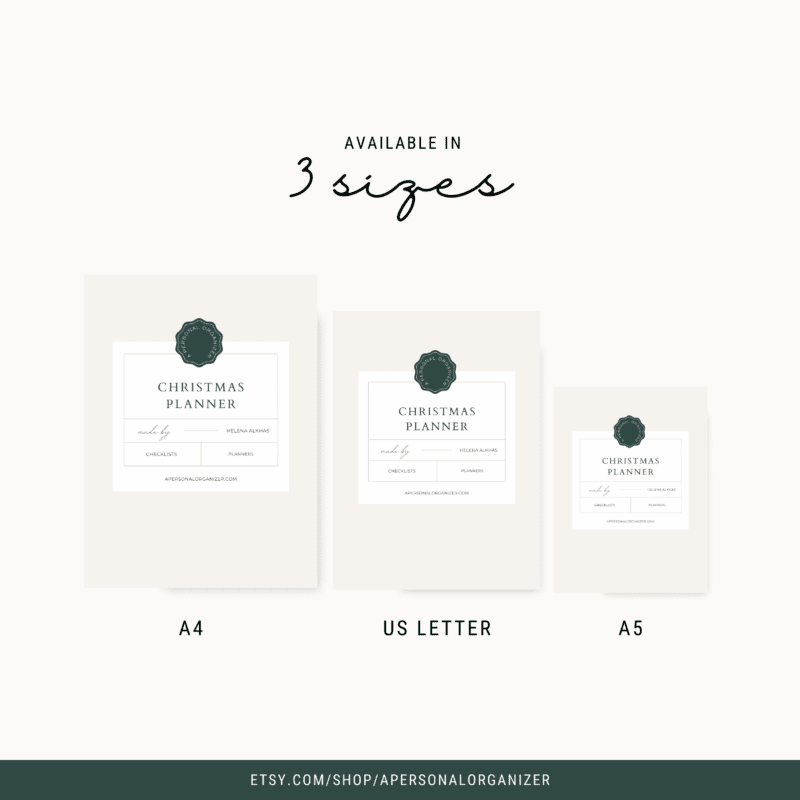 A display showcases a Christmas Planner in three sizes: A4, US Letter, and A5. Each planner boasts a minimalist design with a dark green decorative seal, the title "Christmas Planner," and details below. A web address is featured at the bottom for easy access.