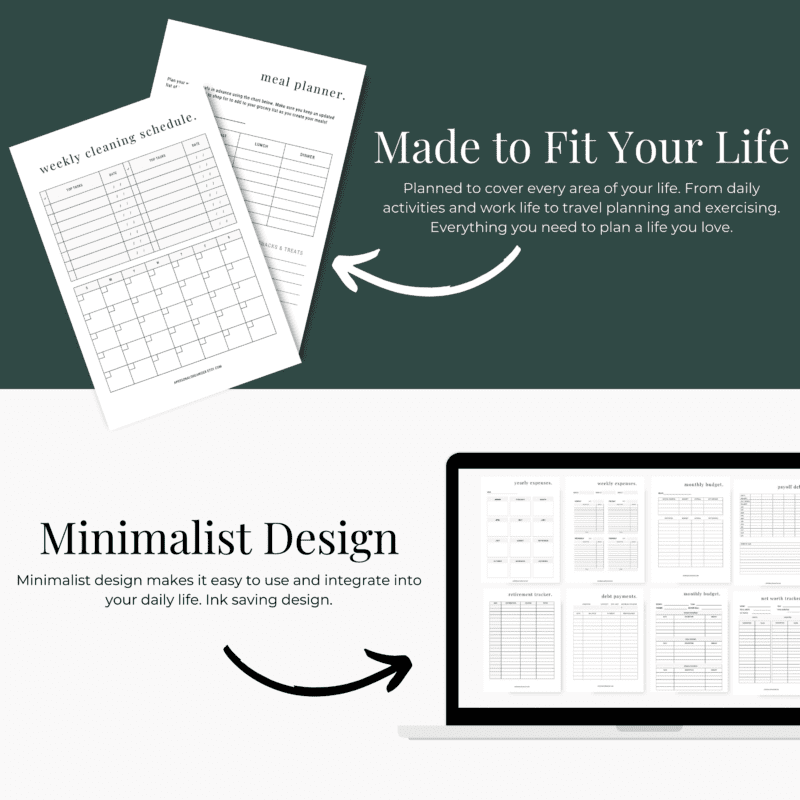 The image features a weekly cleaning schedule and meal planner sheet on the left, with details about life's coverage. On the right, a laptop showcases life planner scheduling templates. Minimalist design ensures easy use and ink saving, making it an ideal organizational tool.