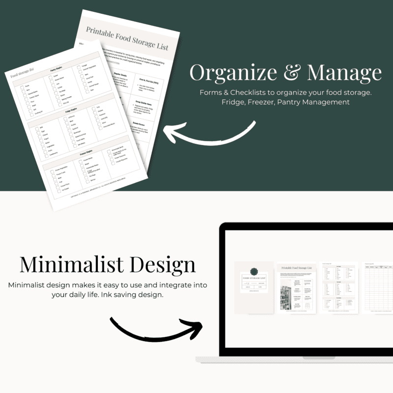 Minimalist design graphic displaying a printed food storage list with forms and checklists labeled "Organize & Manage" on the left, and a laptop screen showing similar digital lists labeled "Minimalist Design" on the right.