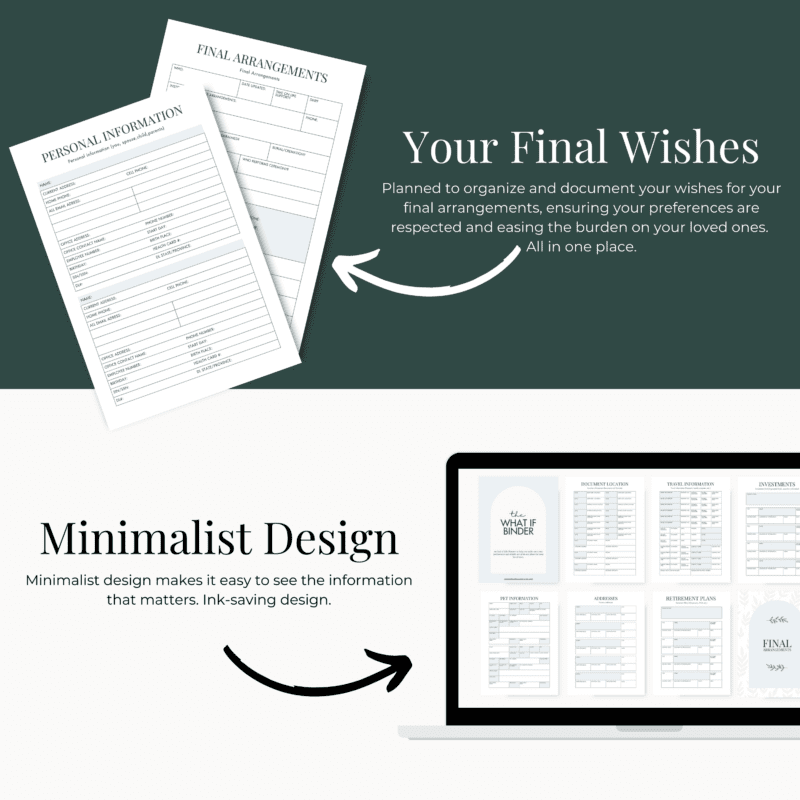 An open planner shows sections for final arrangements and personal information. Nearby text highlights the planner's purpose: organizing final wishes with a minimalist, ink-saving design. A laptop screen displays digital pages of the planner.