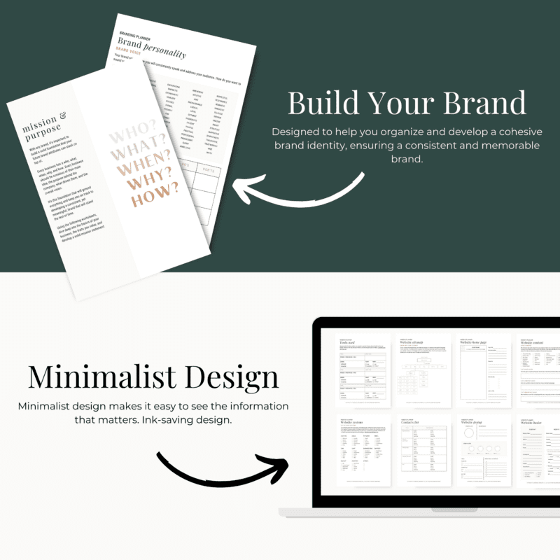 A dark green backdrop emphasizes text on branding and minimalist design. On the left, sheets feature headings like "mission & purpose" and "WHO? WHAT? WHEN? WHY? HOW?". To the right, a planner's laptop reveals sleek document templates.