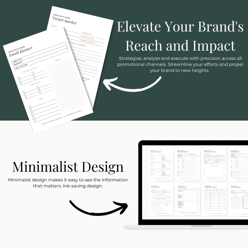 Two documents labeled "email planner" and "target market" rest on a green background. Text reads, "Elevate Your Brand's Reach and Impact with Strategic Content." Below, a laptop displaying templates sits on a white background under the note, "Minimalist Design.