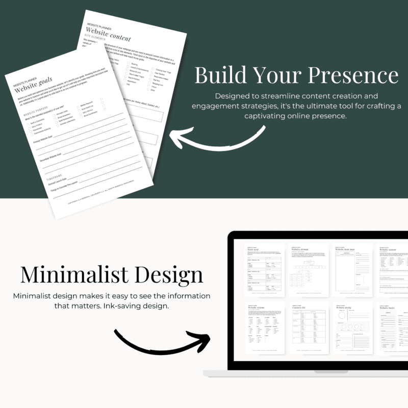 A green and white graphic features two document pages titled "Website Goals" alongside a laptop displaying website content templates. The text highlights "Build Your Presence," "Minimalist Design," and effective content strategy tools, while serving as a planner for social media integration.