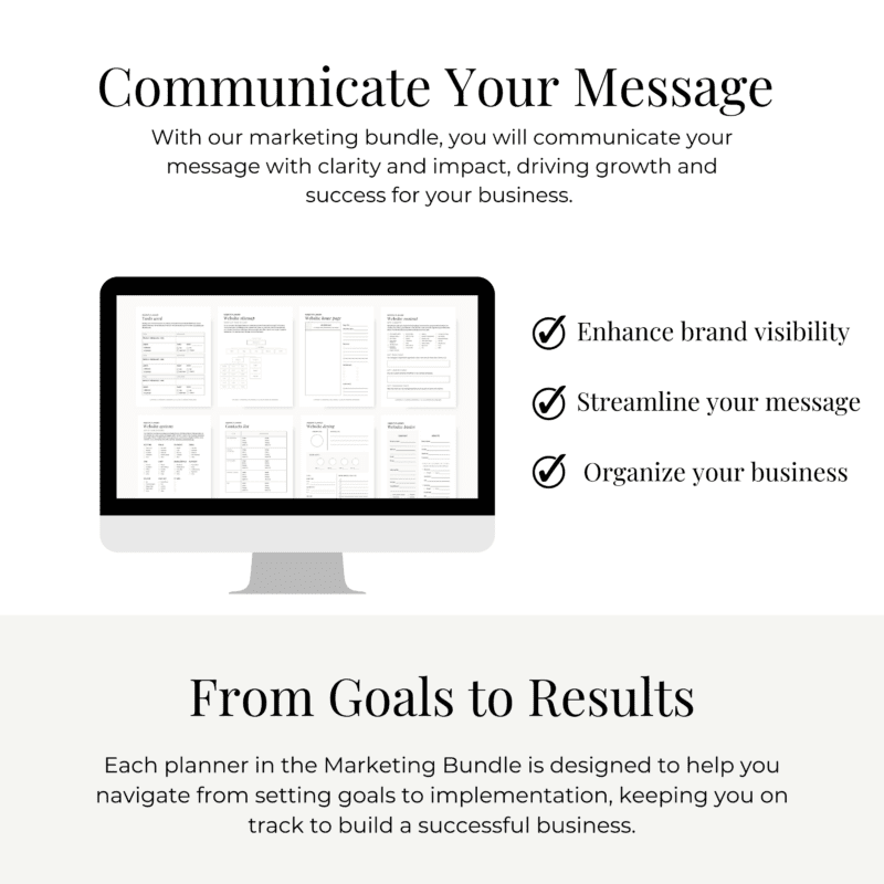 A computer screen displays planner templates. Text highlights benefits: Enhance brand visibility, streamline messages, organize business. Header reads "Communicate Your Message" and footer says "From Goals to Results" with a brief marketing bundle description.