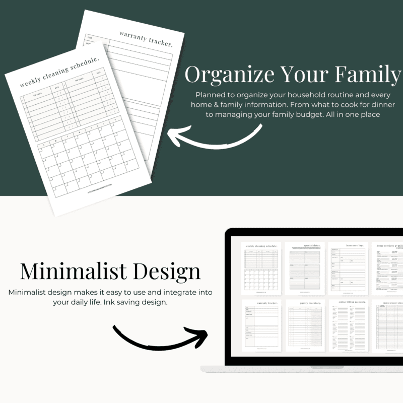 A weekly cleaning schedule and warranty tracker on paper are shown next to a laptop displaying multiple document templates. Text reads "Organize Your Family" and "Minimalist Design" highlighting household planning and easy integration.