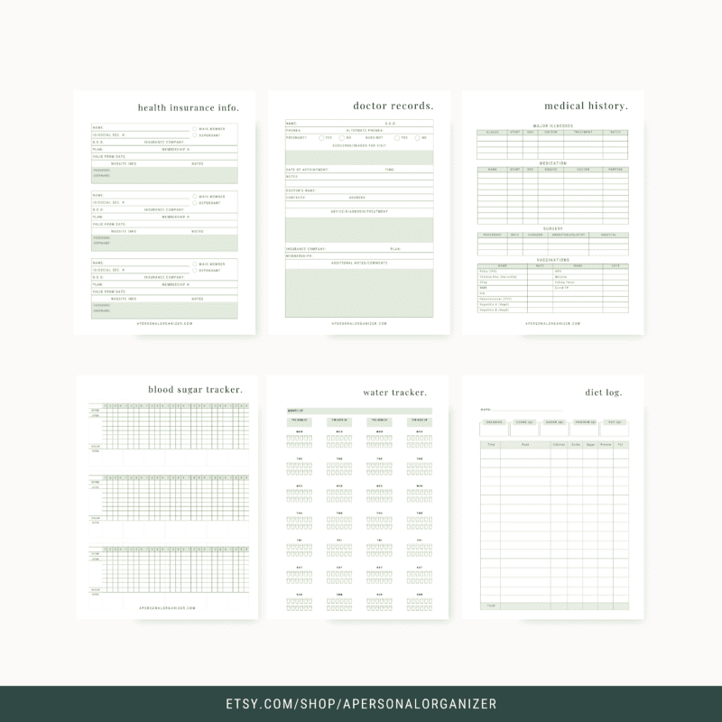 A digital medical health planner featuring six organizer sheets. Includes forms for health insurance info, doctor records, medical history, blood sugar tracker, water tracker, and diet log. Each sheet boasts a minimalist design with calming green accents.