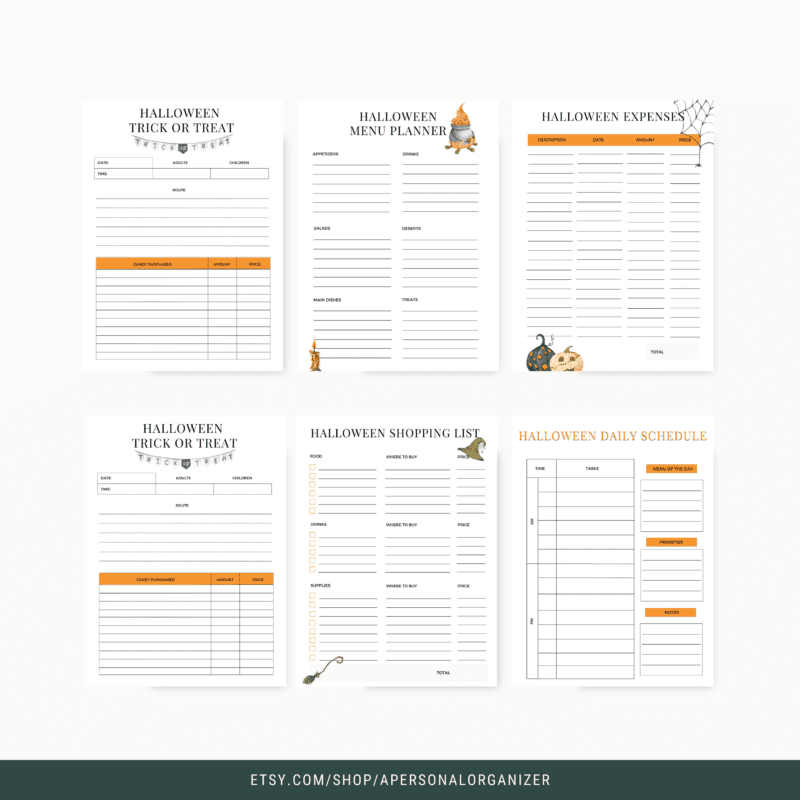 A Halloween planner set featuring six themed pages: Trick or Treat, Menu Planner, Expenses, Trick or Treat List, Shopping List, and Daily Schedule. Each page includes festive illustrations like pumpkins and ghosts for a spirited planning experience.