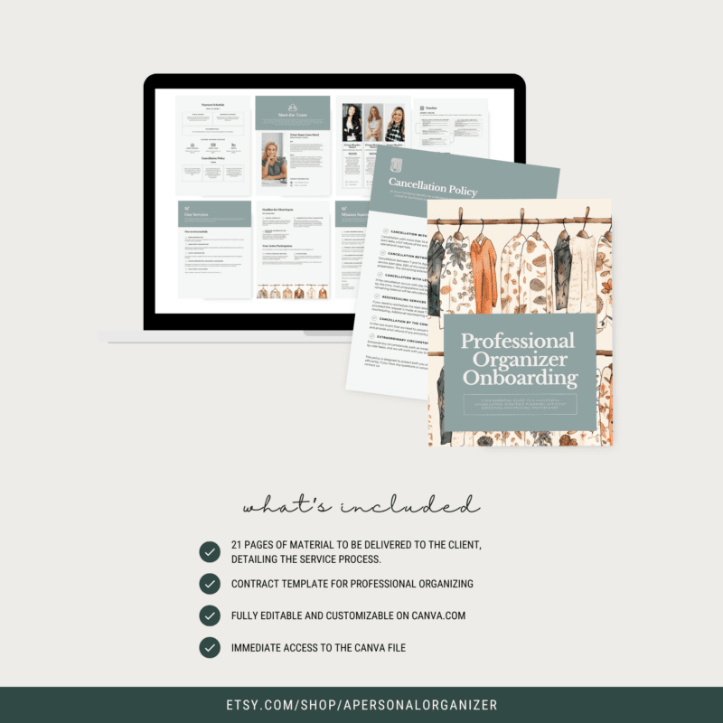 A laptop displaying a digital template, two printed forms including a cancellation policy, and a "Professional Organizer Onboarding" guide. Below, text highlights included features like editable content and easy Canva access for seamless template customization.