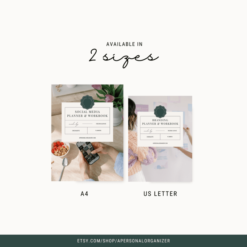 Two planner covers displayed: one on a table with a hand using a phone, labeled A4, titled "Social Media Planner & Workbook"; the other in a person's hand, labeled US Letter, titled "Branding Planner & Workbook." Shop link below.