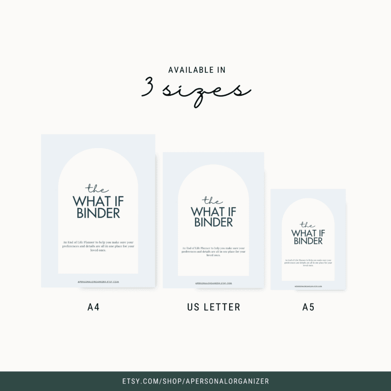 Three sizes of "The What If Binder" are displayed: A4, US Letter, and A5. Each binder cover features the title in bold and a website link below. The text "Available in 3 sizes" is above the binders.