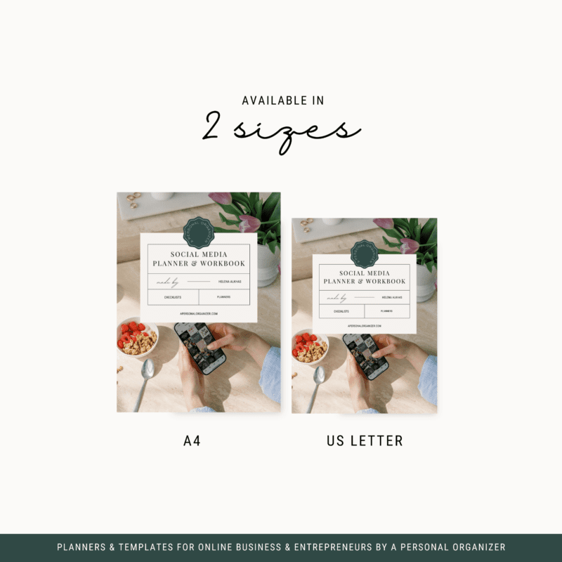 Two images of a "Social Media Planner & Workbook" cover, perfect for organizing digital strategies, are available in A4 and US Letter sizes. Each cover features a phone amidst breakfast items on a table. A green emblem with text overlay elegantly adorns the top center of both covers.