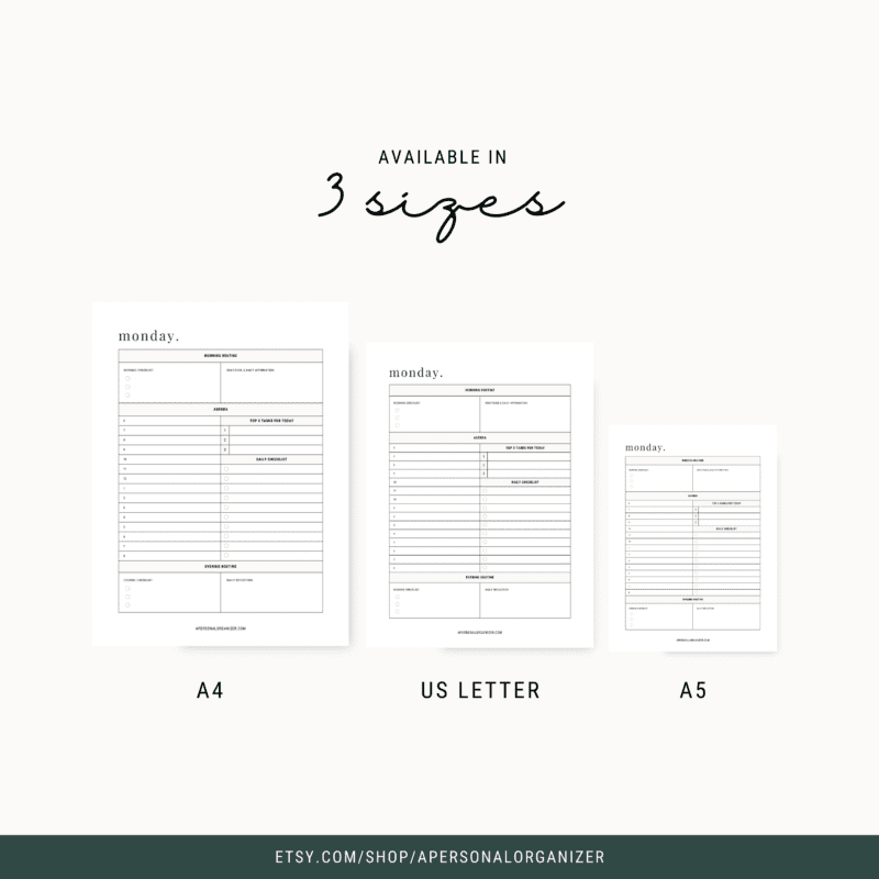 Three planner pages labeled "monday" are displayed, showcasing a daily schedule layout perfect for effective organization. They come in A4, US Letter, and A5 sizes. The text above says “Available in 3 sizes,” with a URL at the bottom: etsy.com/shop/apersonalorganizer.