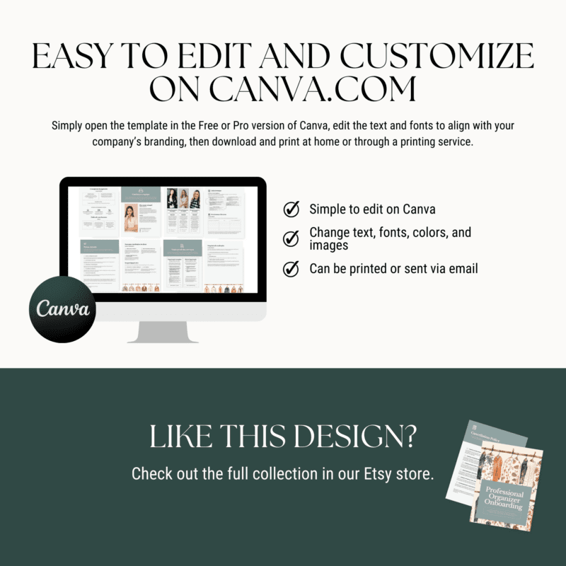 Image displaying a flyer with instructions for editing and customizing professional templates on Canva.com. Features an image of a customizable template, Canva logo, and icons indicating editing capabilities. Mentions Etsy store for more templates designed by a professional organizer.