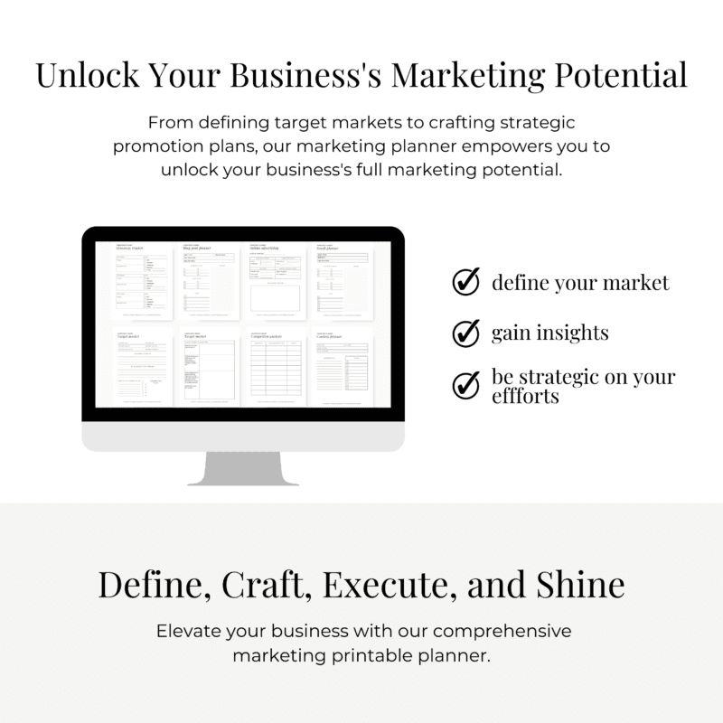 A graphic featuring the headline "Unlock Your Business's Marketing Potential" with a computer displaying document thumbnails. It emphasizes benefits like defining markets, gaining insights, and strategic efforts. Highlighting SEO optimization, it promotes a marketing content planner.