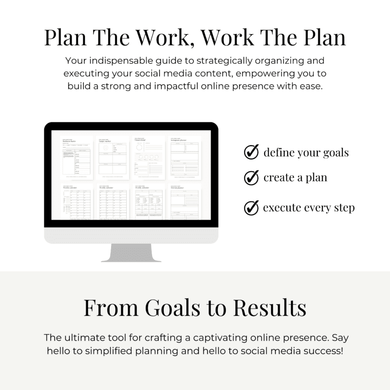 A computer screen showcases planning templates. Text reads: "Plan The Work, Work The Plan," detailing steps: define goals, create a plan, execute every step. Bottom text: "From Goals to Results" highlights a planner tool for achieving social media success with an effective online presence.