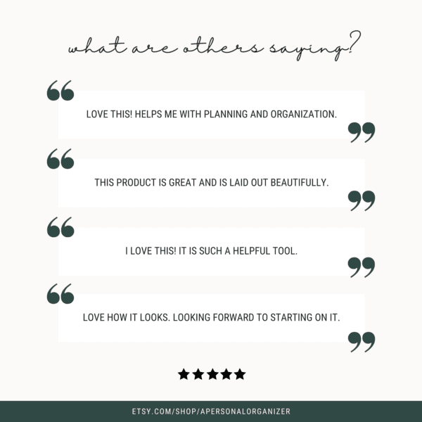 Testimonials with quotes saying: "Love this! Helps me with planning and organization." "This product is great and is laid out beautifully." "I love this! It is such a helpful tool." "Love how it looks. Looking forward to starting on it.