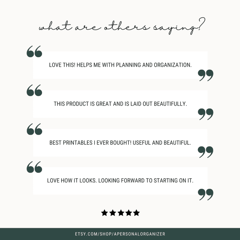 Customer testimonials rave about this Life Planner, highlighting its role in planning, organization, and beauty. Boasting five-star ratings and glowing quotes, it’s a must-see on our Etsy shop: etsy.com/shop/apersonalorganizer.