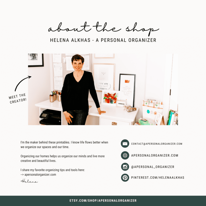 A woman stands in a neatly organized room with labeled bins and an inspiration board, embodying her role as a personal organizer. Her skills in decluttering are highlighted alongside social media links. Icons for contact, website, Instagram, and Pinterest complete the scene.