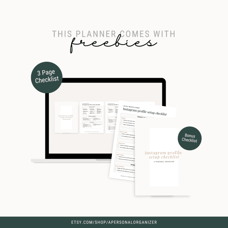 A digital promotional image features a laptop displaying an Instagram profile setup checklist document. In the foreground, paper versions of a "3 Page Planner Checklist" and "Bonus Checklist" are shown. The text says, "This social media planner comes with freebies.