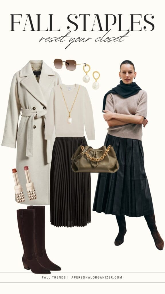 A collage of fall wardrobe staples—cream coat, beige sweater, black pleated skirt, brown boots, gold jewelry, green handbag—shows the perfect way to reset your wardrobe for fall, modeled with a scarf and earrings.