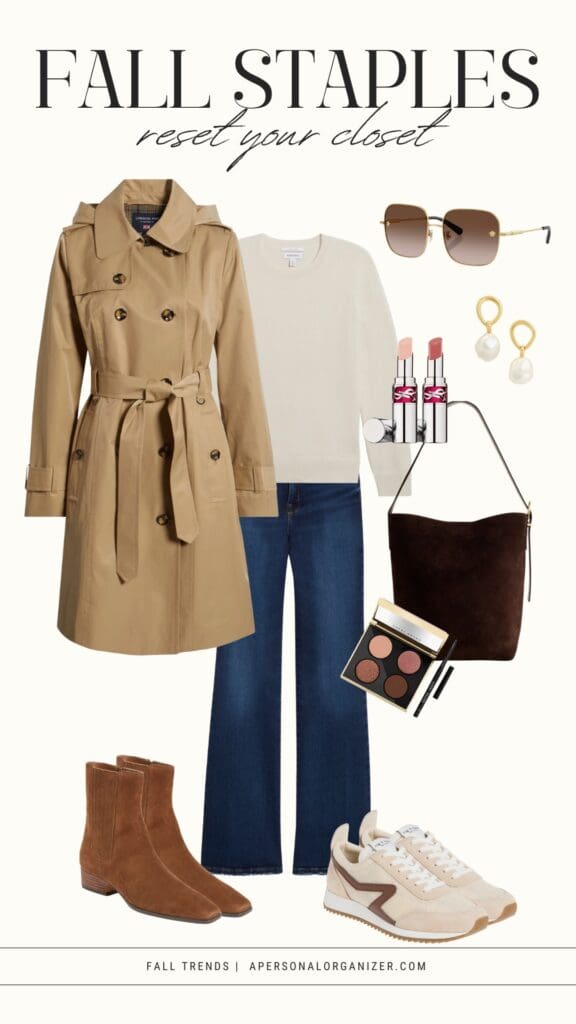 A collage of fall fashion staples for your reset wardrobe includes a beige trench coat, cream sweater, flared blue jeans, brown ankle boots, beige sneakers, sunglasses, gold earrings, two pink lipsticks, brown eyeshadow palette, and a brown handbag.