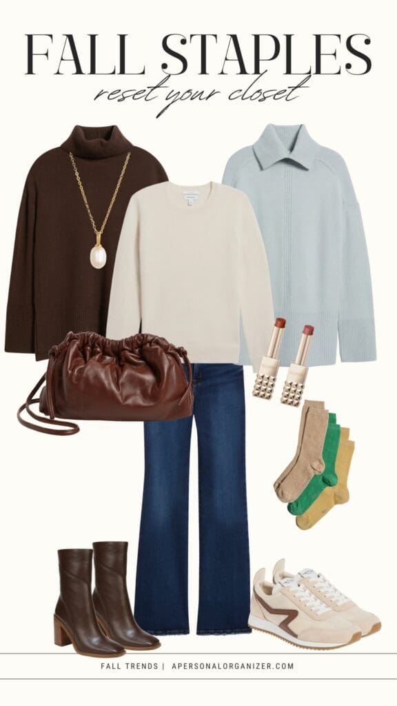 A flat lay of fall fashion essentials for a stylish wardrobe update: brown sweater, white crewneck, light blue zip-up sweater, blue jeans, brown boots, white sneakers, brown purse, beaded earrings, and colorful fall socks.