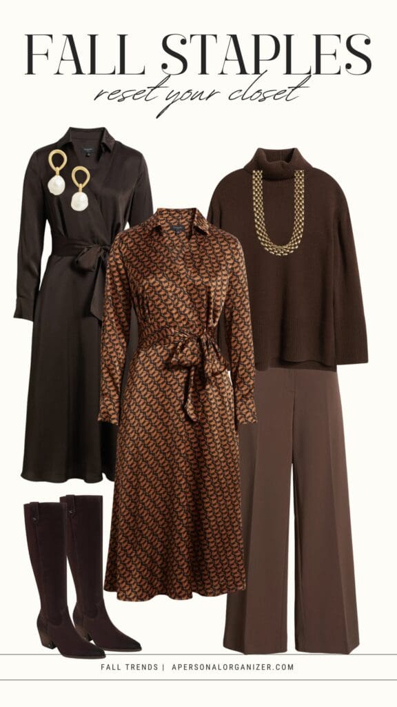 Three fall fashion outfits: a dark shirt dress with statement earrings, a patterned belted shirt dress, and a brown sweater with wide-leg trousers and a chunky necklace—all styled with knee-high dark boots. Text reads “Fall staples, reset your wardrobe.”.