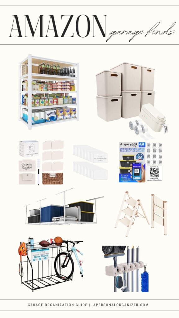 A collage of garage organization products—shelves, storage bins, drawer organizers, wall-mounted racks, bike stand, and more. Text reads "Amazon garage finds" featuring top Amazon organizing picks for effortless garage transformation.